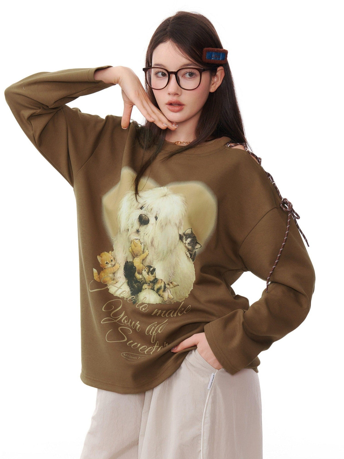 ZIZIFEI Vintage Dog Print Tie Off Shoulder Women'S Cotton Blend Long Sleeve T-Shirts
