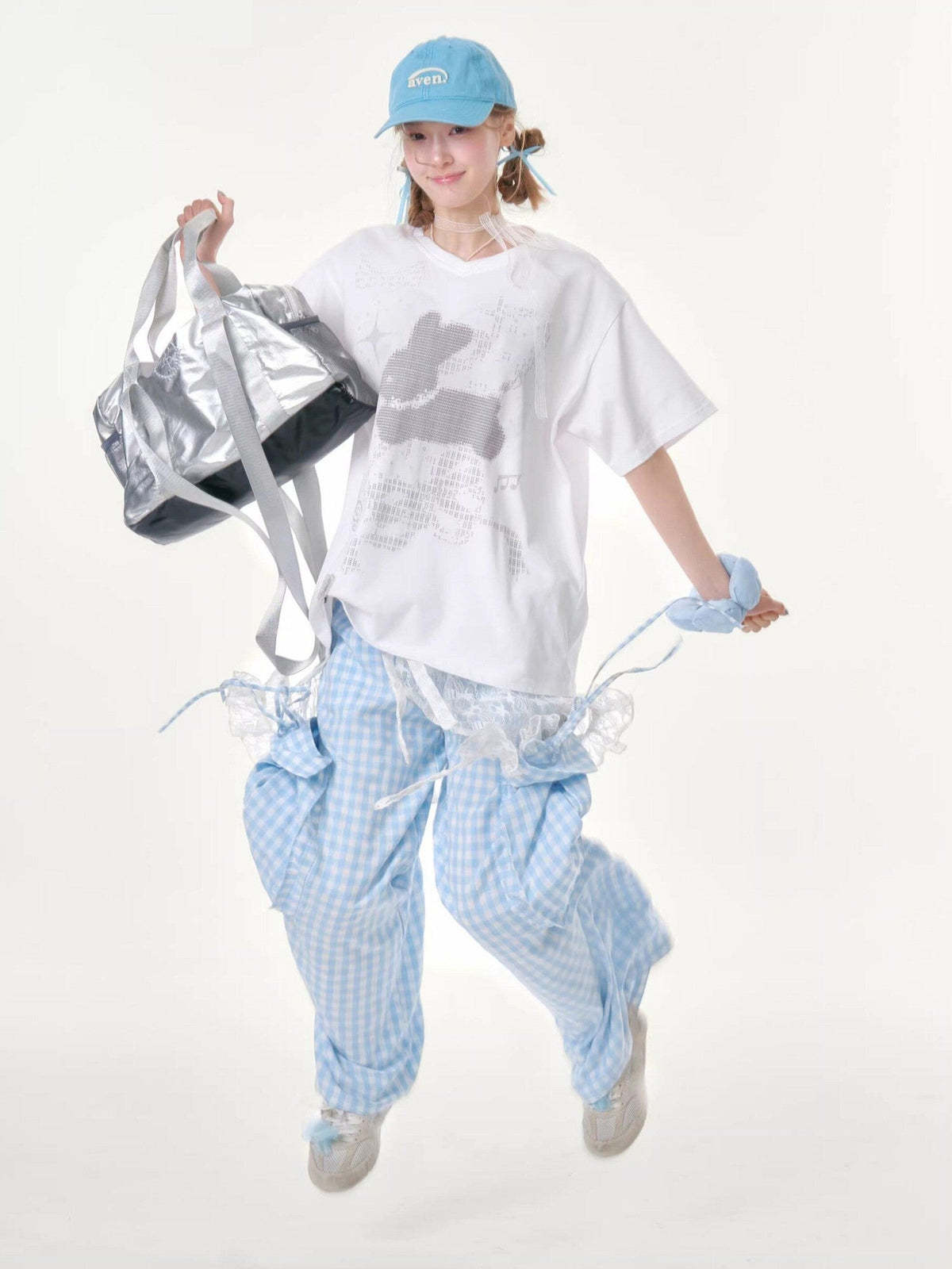ZIZIFEI Pixel Rabbit Rhinestone V-neck Loose Women'S Cotton Short Sleeve T-Shirts