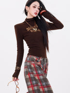 ABWLR Mocha White Mock Neck Letter Print Slim Fit Girlish Women'S Long Sleeve T-Shirts