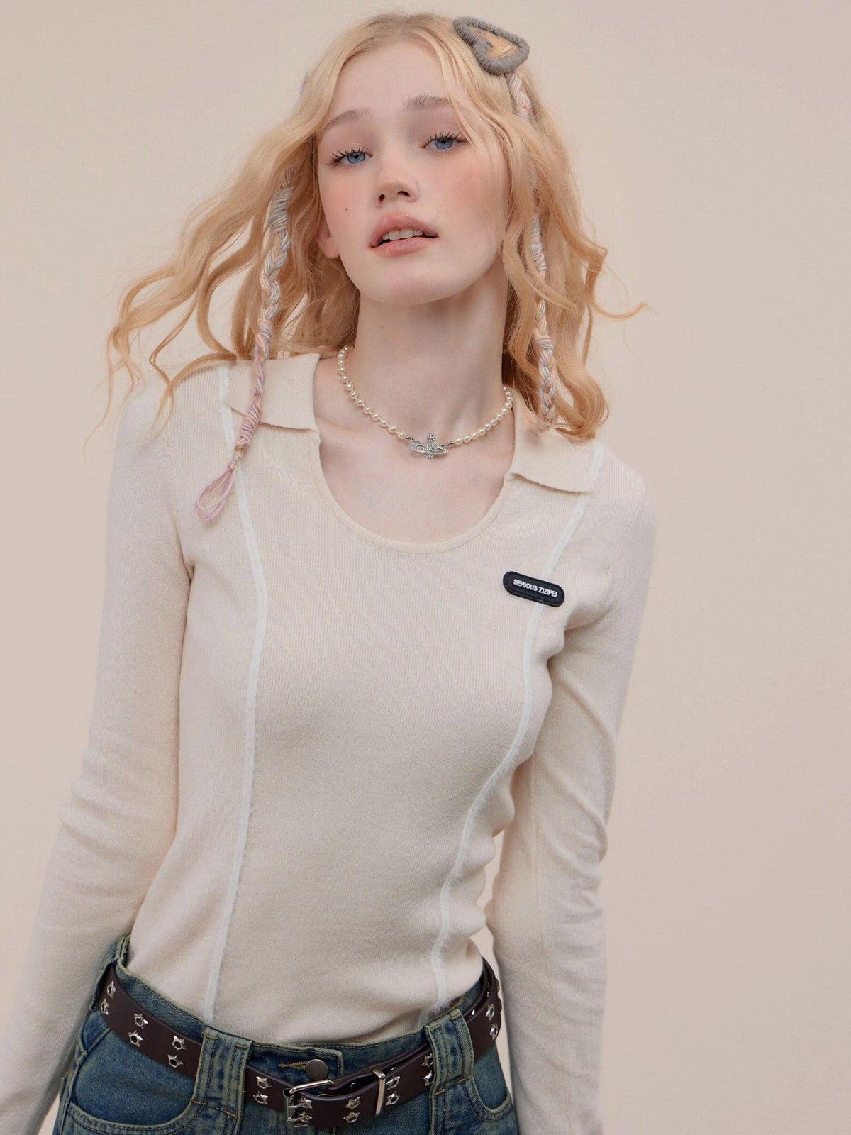 ZIZIFEI Vintage Patchwork Polo U Neck Women'S Viscose Knit Slim Fit Long Sleeve T-Shirts