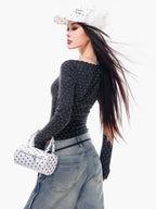ABWLR U Neck Polka Dot Slim Fit Cropped Women'S Long Sleeve T-Shirts