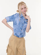 ZIZIFEI Mist Blue Ombre Plaid Waist Cinch Lapel Slim Women'S Short Sleeve T-Shirts