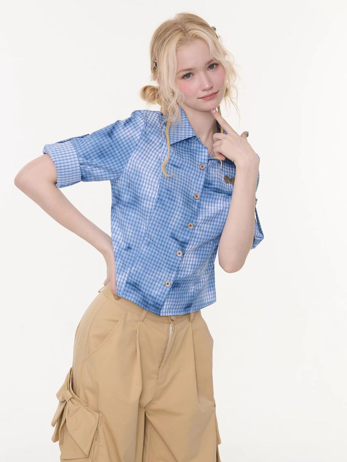 ZIZIFEI Mist Blue Ombre Plaid Waist Cinch Lapel Slim Women'S Short Sleeve T-Shirts