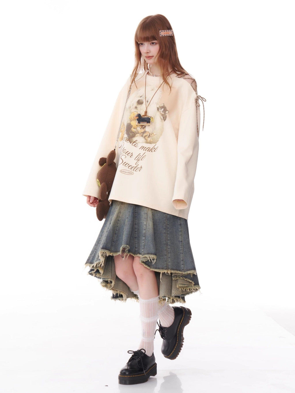 ZIZIFEI Vintage Dog Print Tie Off Shoulder Women'S Cotton Blend Long Sleeve T-Shirts