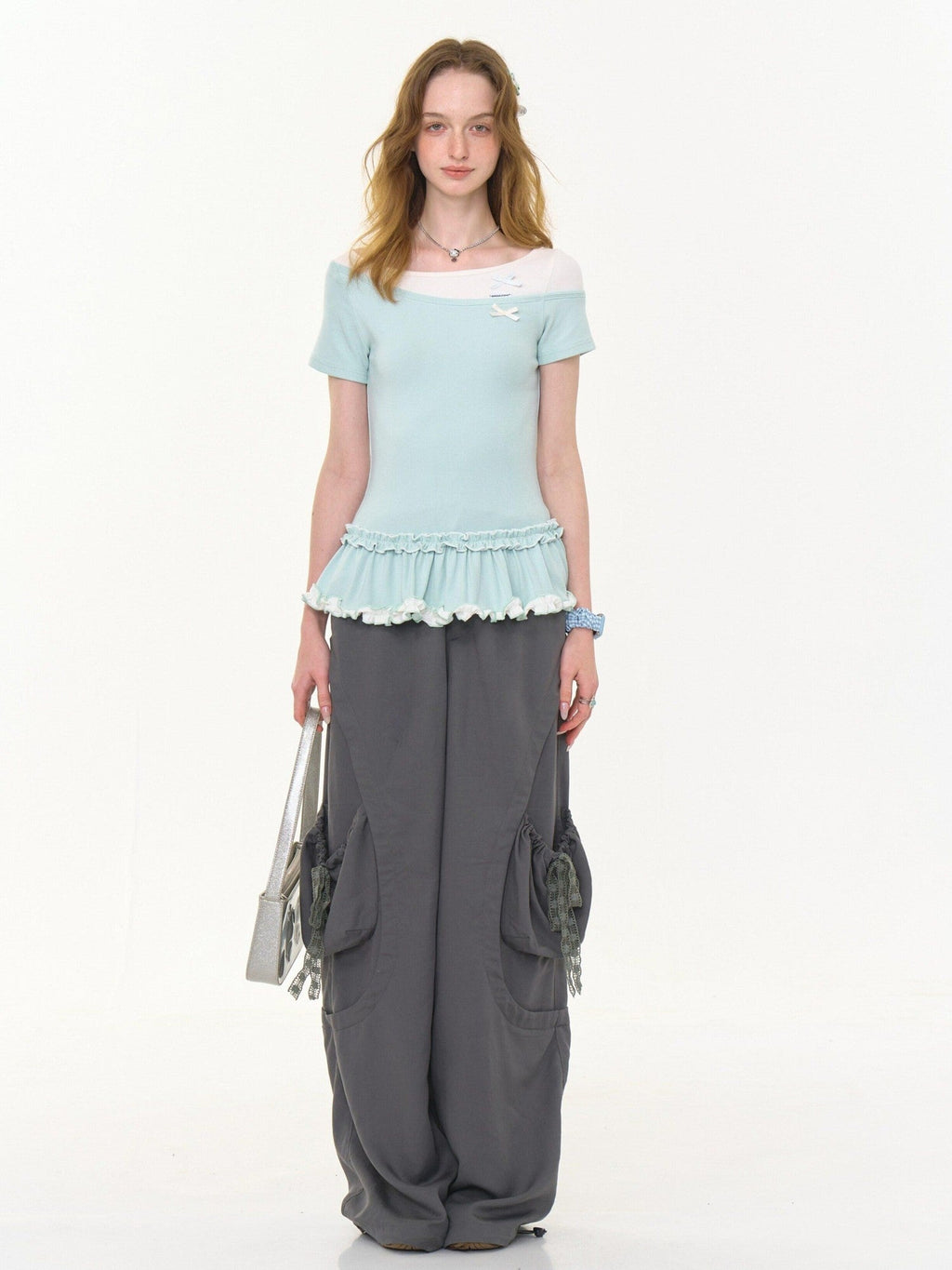 ZIZIFEI Gray High Waist Slimming Cargo Big Pocket Women'S Lyocell Blend Wide-Leg Pants