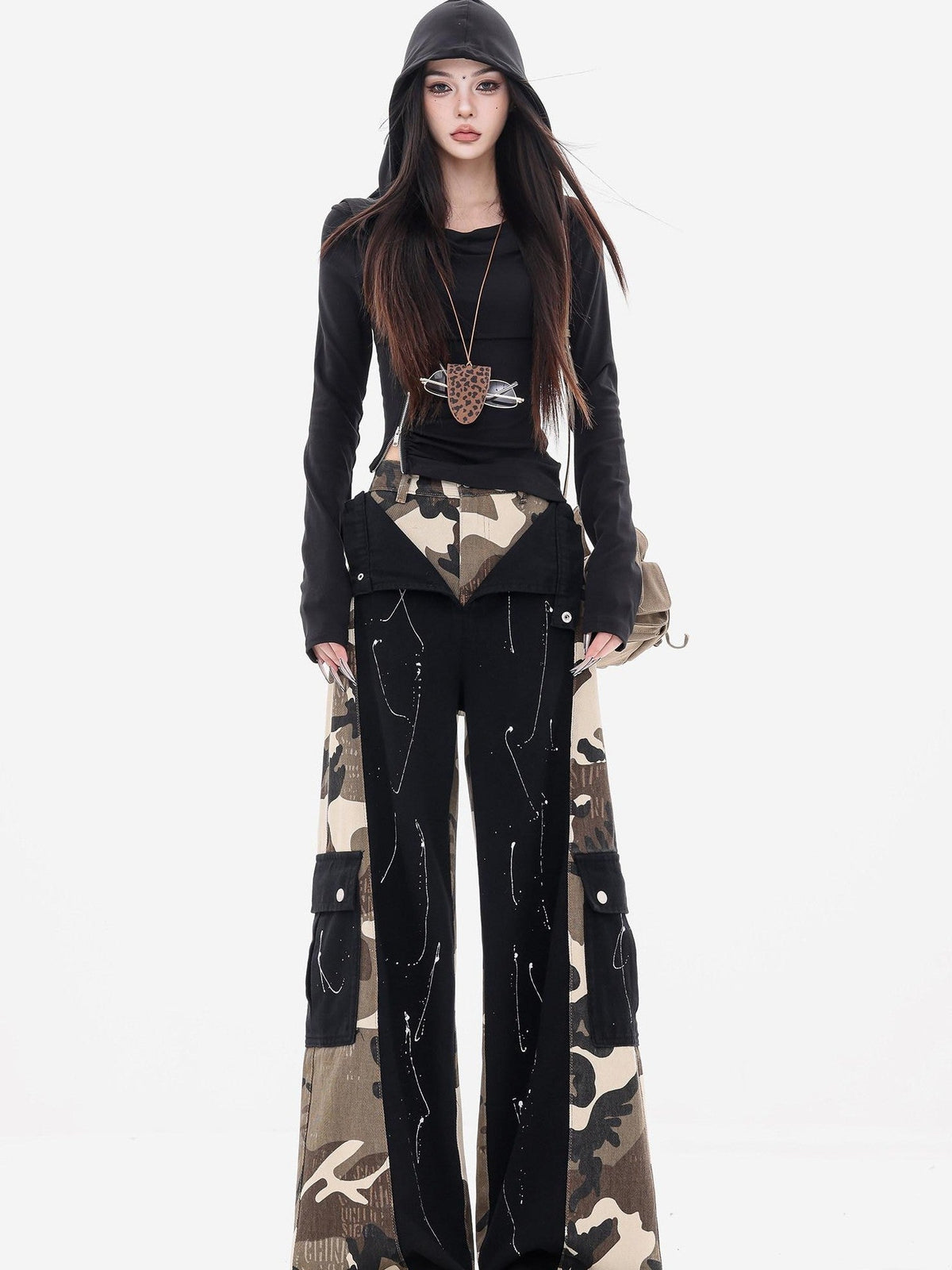 ABWLR Camouflage Patchwork Cargo Loose Fit Women'S Denim Wide-Leg Jeans