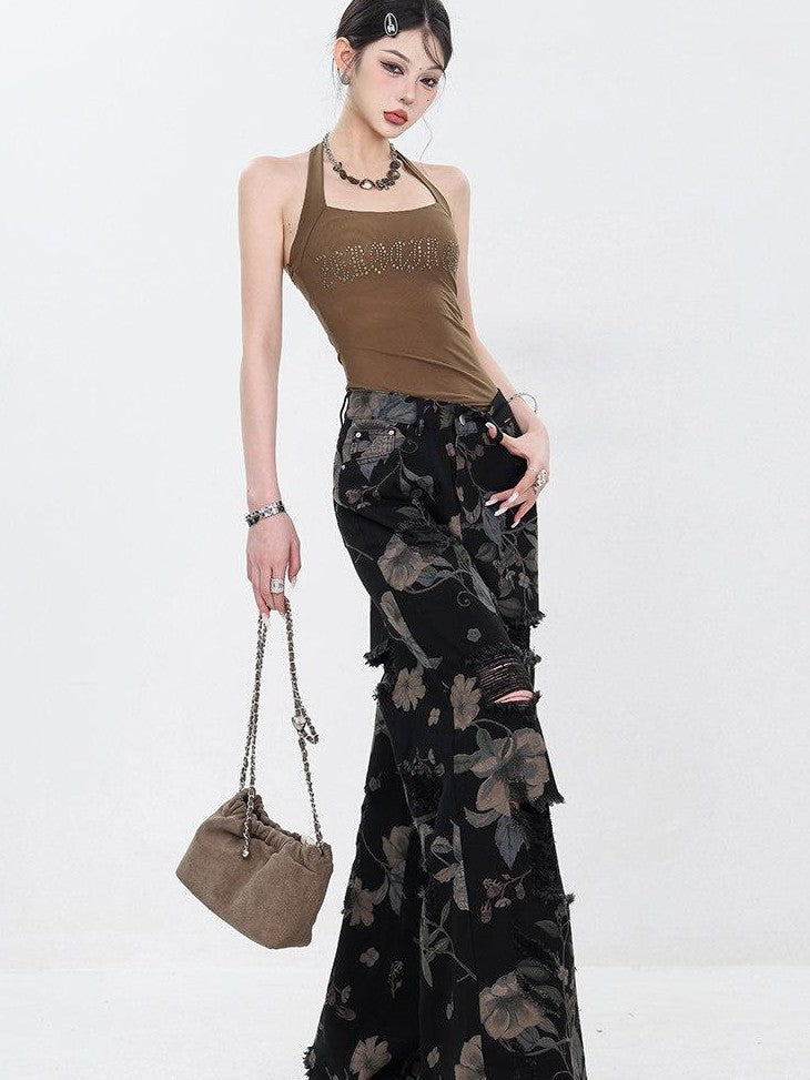 ABWLR Washed Black Printed Distressed Machine Embroidery Women'S Denim Wide-Leg Jeans