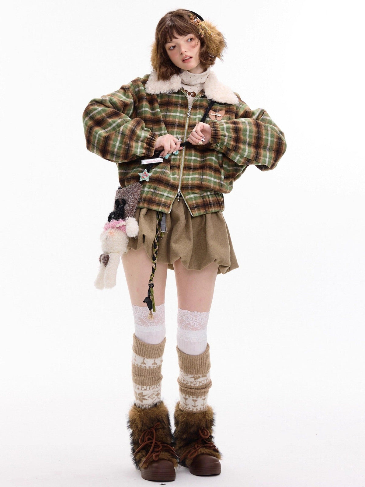 ZIZIFEI Green Plaid Fur Collar American Vintage Women'S Polyester Cotton Puffer Jackets