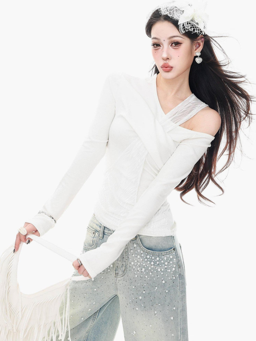 ABWLR White Halter Off Shoulder Faux Two Piece Slim Women'S Long Sleeve T-Shirts