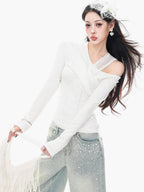 ABWLR White Halter Off Shoulder Faux Two Piece Slim Women'S Long Sleeve T-Shirts