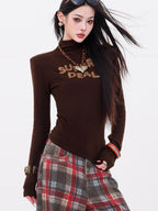 ABWLR Mocha White Mock Neck Letter Print Slim Fit Girlish Women'S Long Sleeve T-Shirts