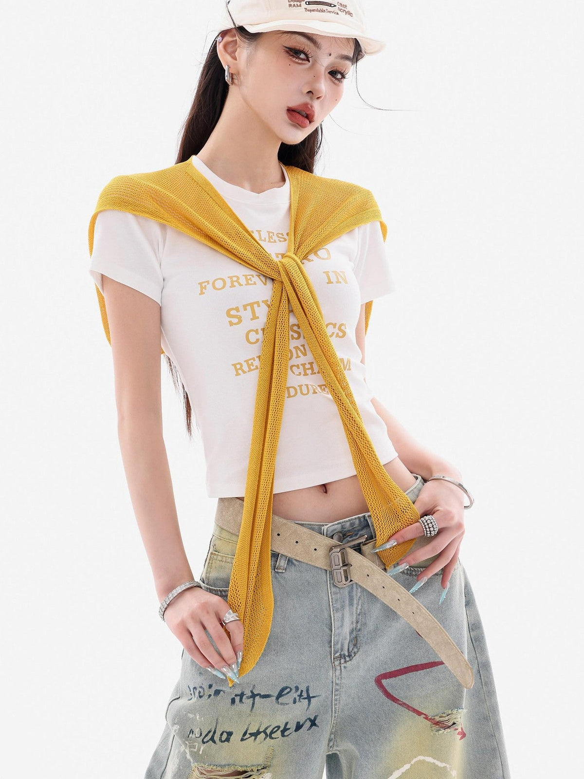 ABWLR Layered Shawl Letter Print Slim Fit Two Piece Women'S Short Sleeve T-Shirts