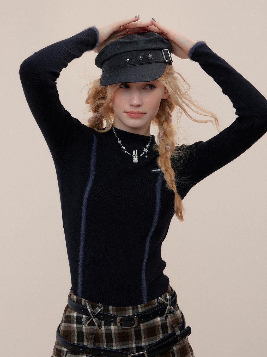 ZIZIFEI Vintage Patchwork Polo U Neck Women'S Viscose Knit Slim Fit Long Sleeve T-Shirts