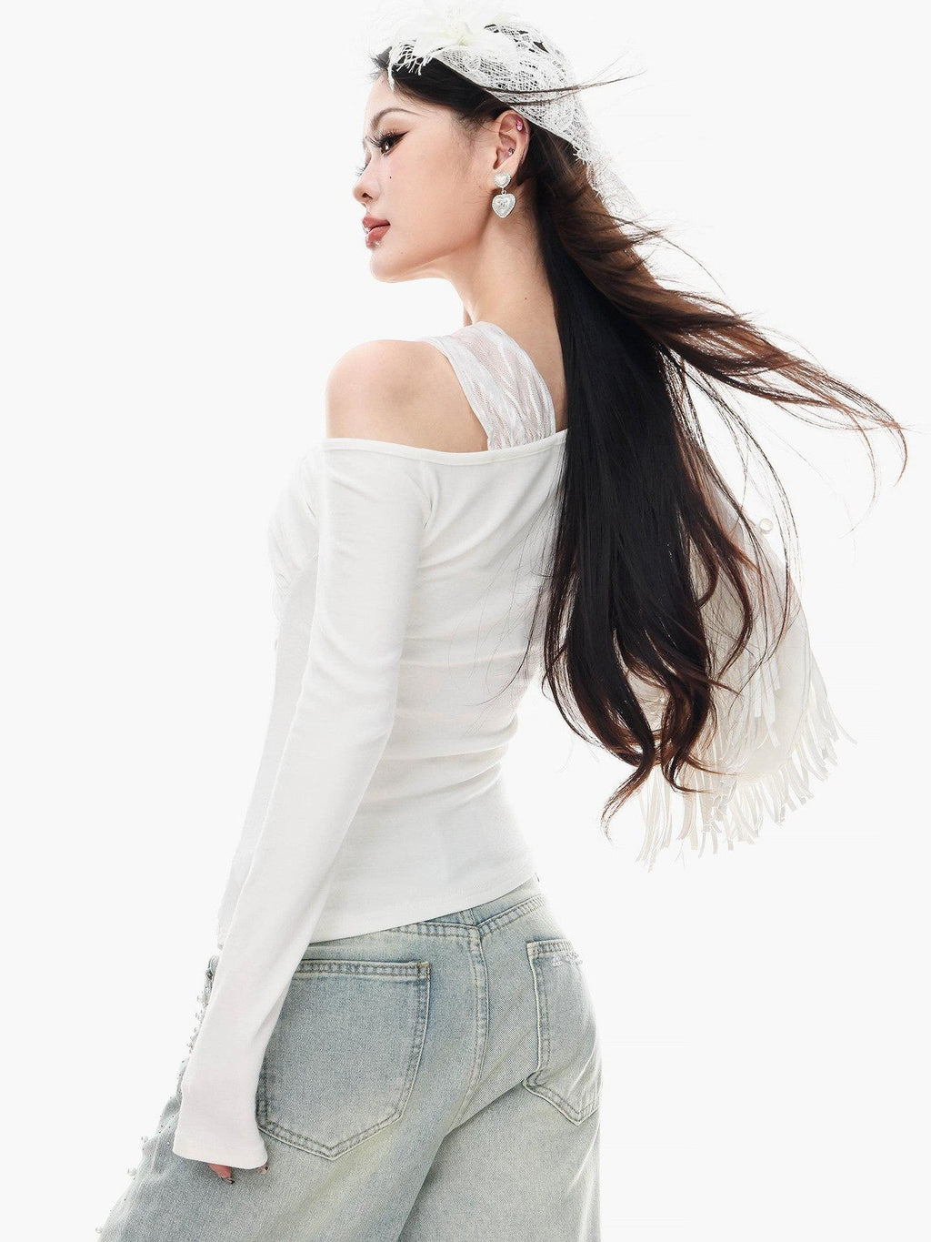 ABWLR White Halter Off Shoulder Faux Two Piece Slim Women'S Long Sleeve T-Shirts