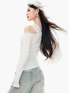 ABWLR White Halter Off Shoulder Faux Two Piece Slim Women'S Long Sleeve T-Shirts
