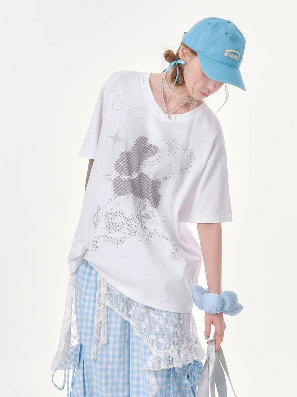 ZIZIFEI Pixel Rabbit Rhinestone V-neck Loose Women'S Cotton Short Sleeve T-Shirts