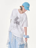 ZIZIFEI Pixel Rabbit Rhinestone V-neck Loose Women'S Cotton Short Sleeve T-Shirts