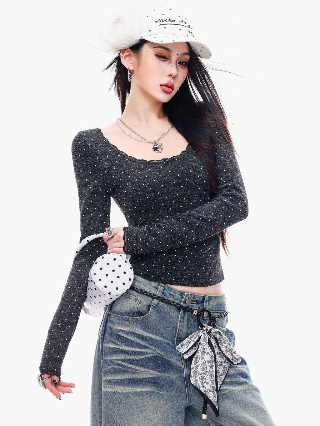 ABWLR U Neck Polka Dot Slim Fit Cropped Women'S Long Sleeve T-Shirts