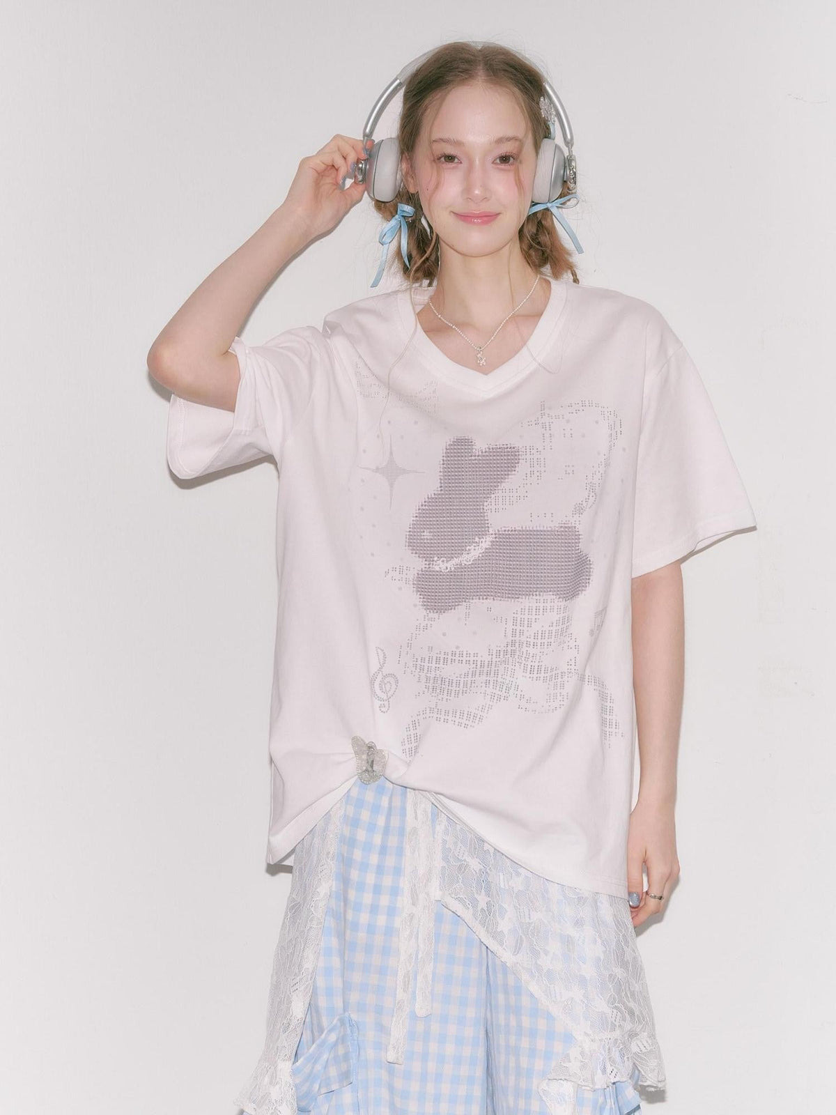 ZIZIFEI Pixel Rabbit Rhinestone V-neck Loose Women'S Cotton Short Sleeve T-Shirts