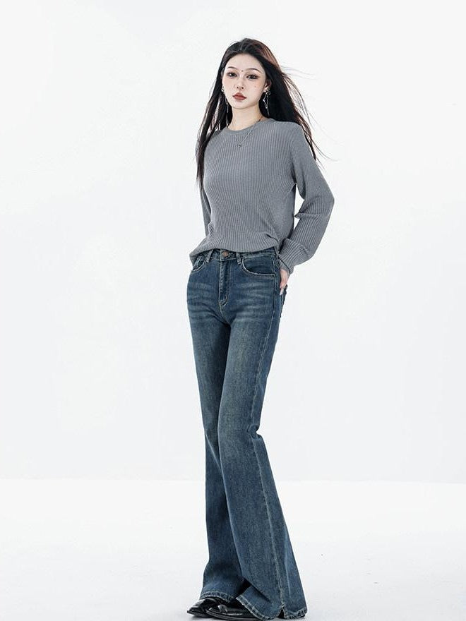ABWLR Vintage High Waist Slim Fleece Lined Women'S Denim Flare Jeans