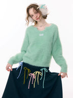 ZIZIFEI Soft Cloud Bow Collar Chain Detail Loose Women'S Viscose Blend Sweaters