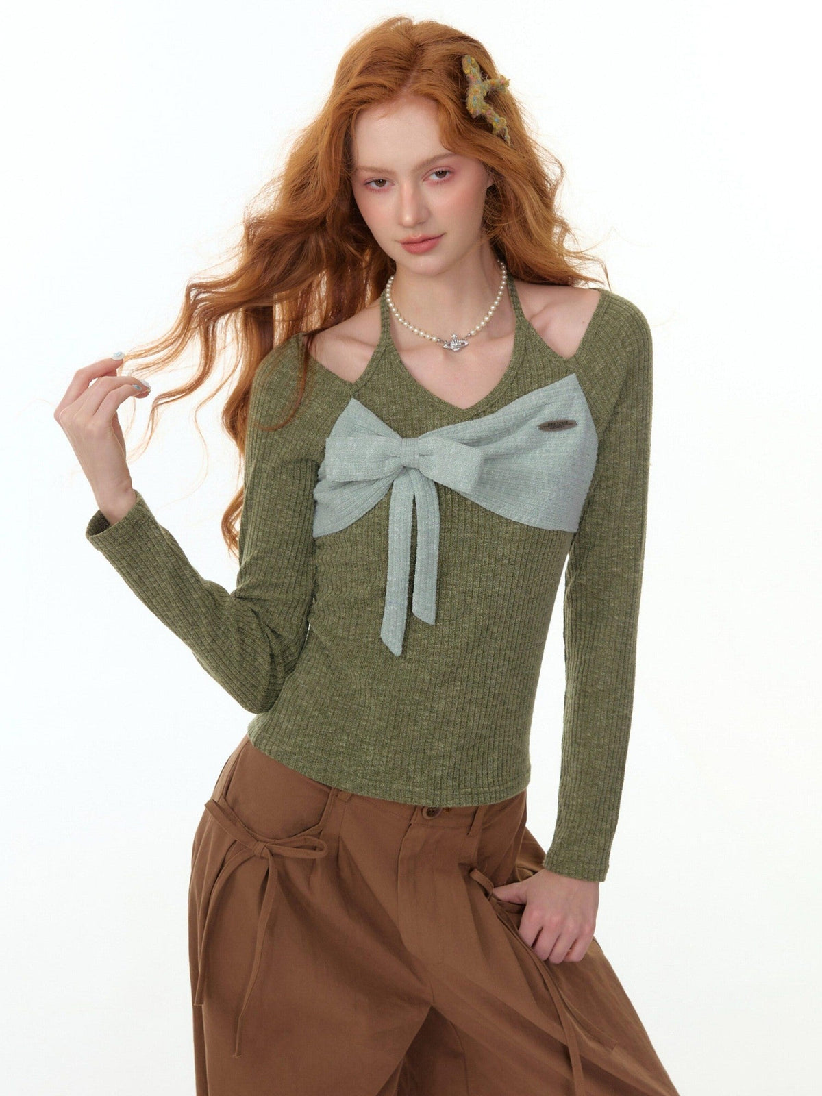 ZIZIFEI Colorblock Patchwork Knitted Bow Halter Women'S Lyocell Long Sleeve T-Shirts