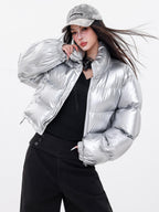 ABWLR Silver Metallic Edgy Short Stand Collar Zippered Women'S Cotton Down Jackets