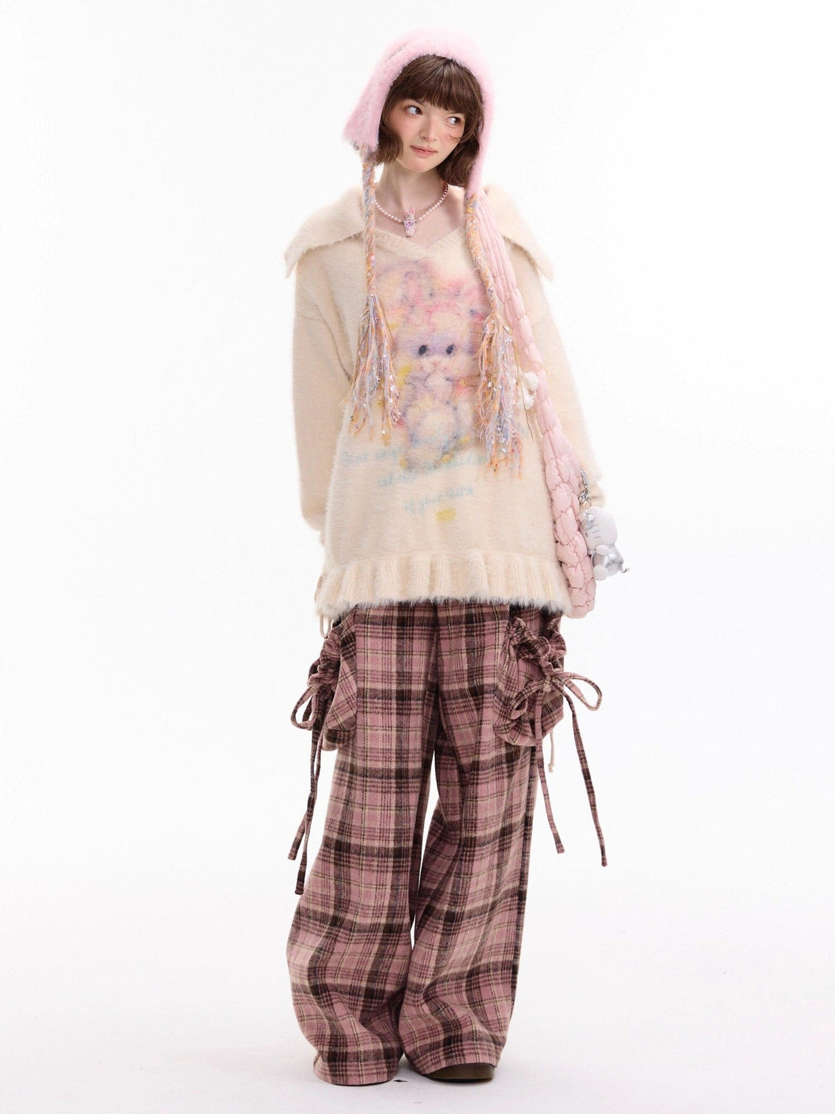 ZIZIFEI Pink Plaid High Waist Large Pocket Straight Women'S Polyester Wide-Leg Pants