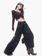 ABWLR Black Gray Drapey Relaxed Tailored Natural Waist Women'S Wide-Leg Pants