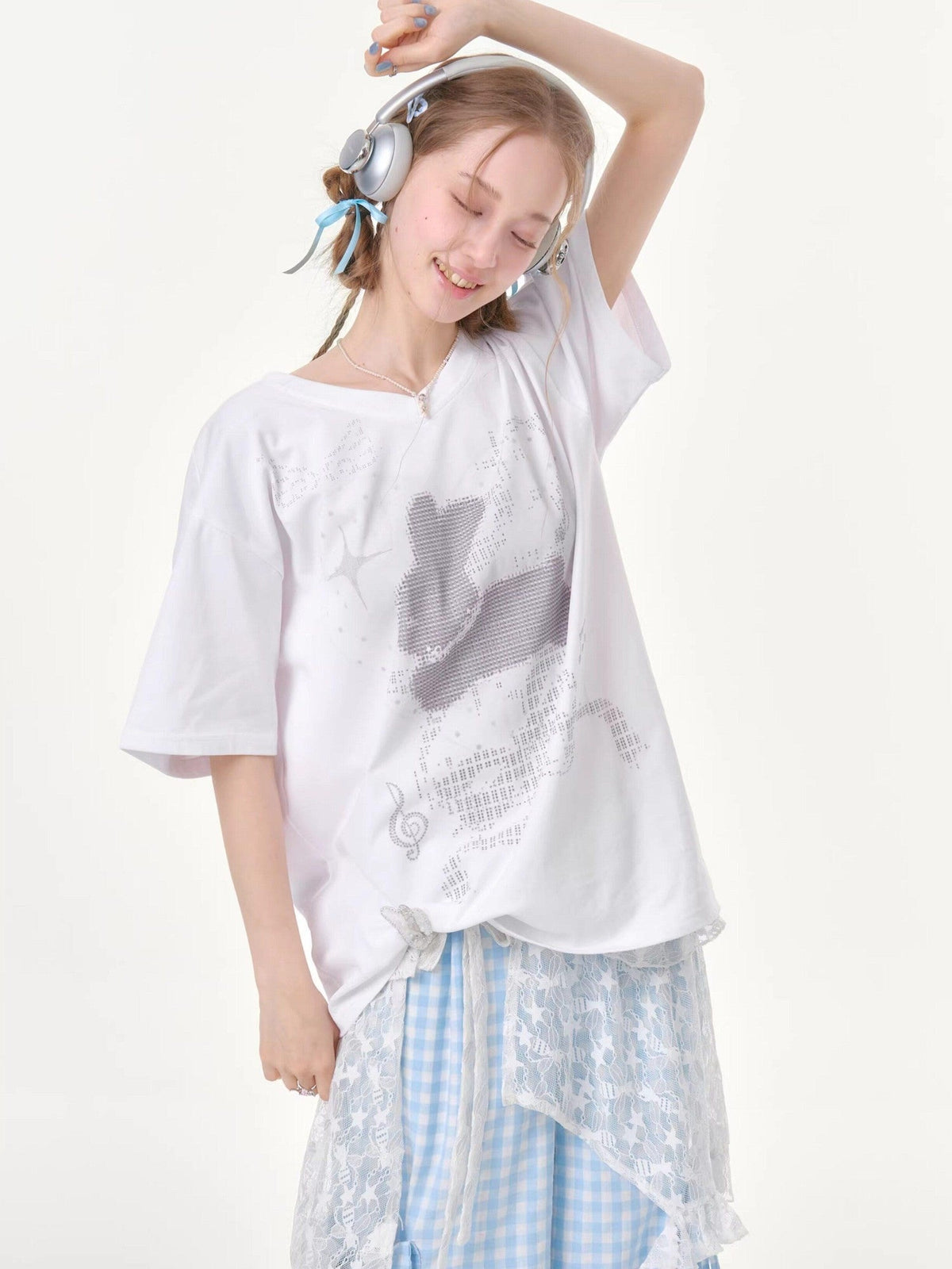 ZIZIFEI Pixel Rabbit Rhinestone V-neck Loose Women'S Cotton Short Sleeve T-Shirts