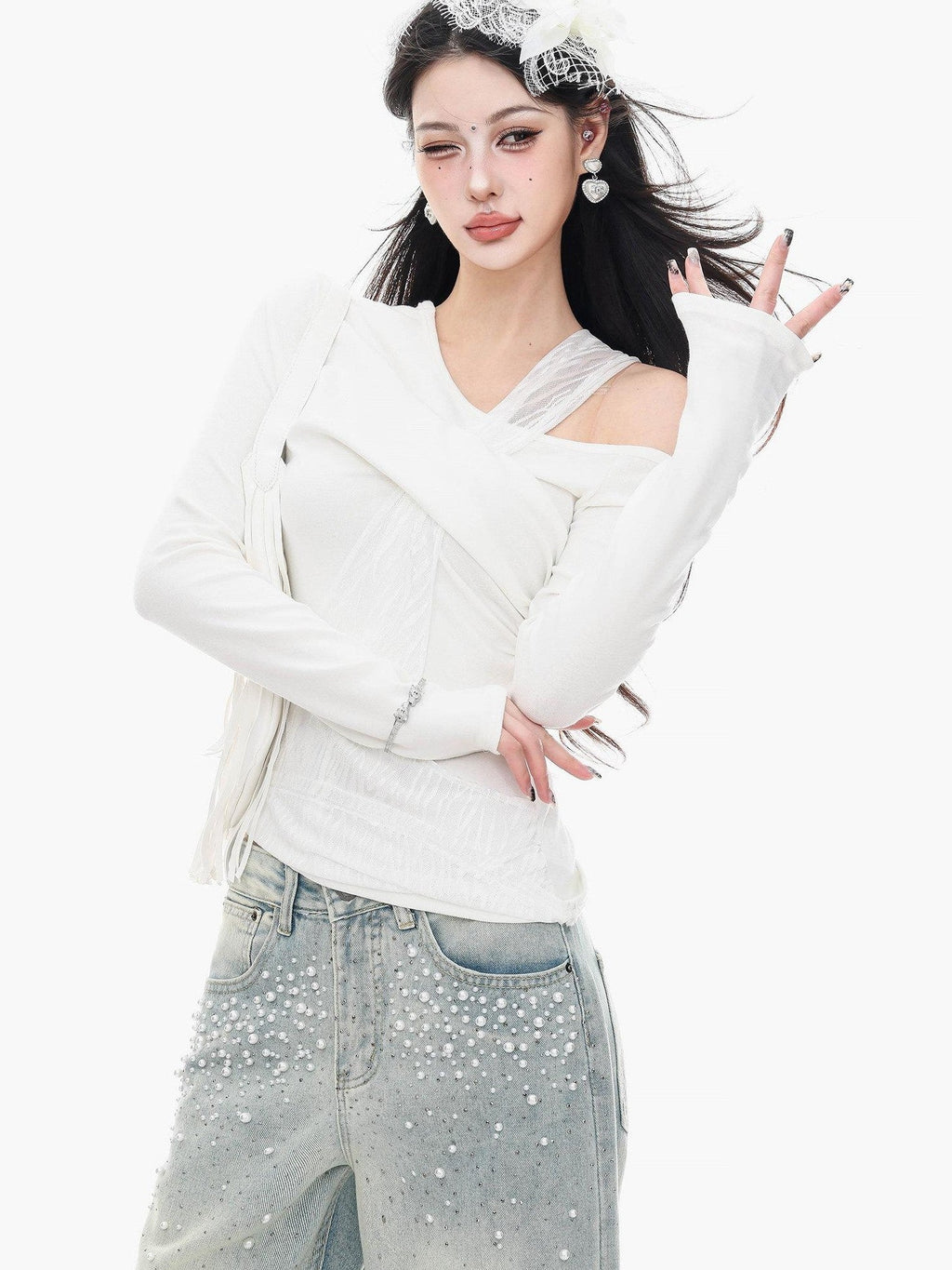 ABWLR White Halter Off Shoulder Faux Two Piece Slim Women'S Long Sleeve T-Shirts