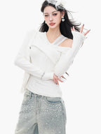 ABWLR White Halter Off Shoulder Faux Two Piece Slim Women'S Long Sleeve T-Shirts