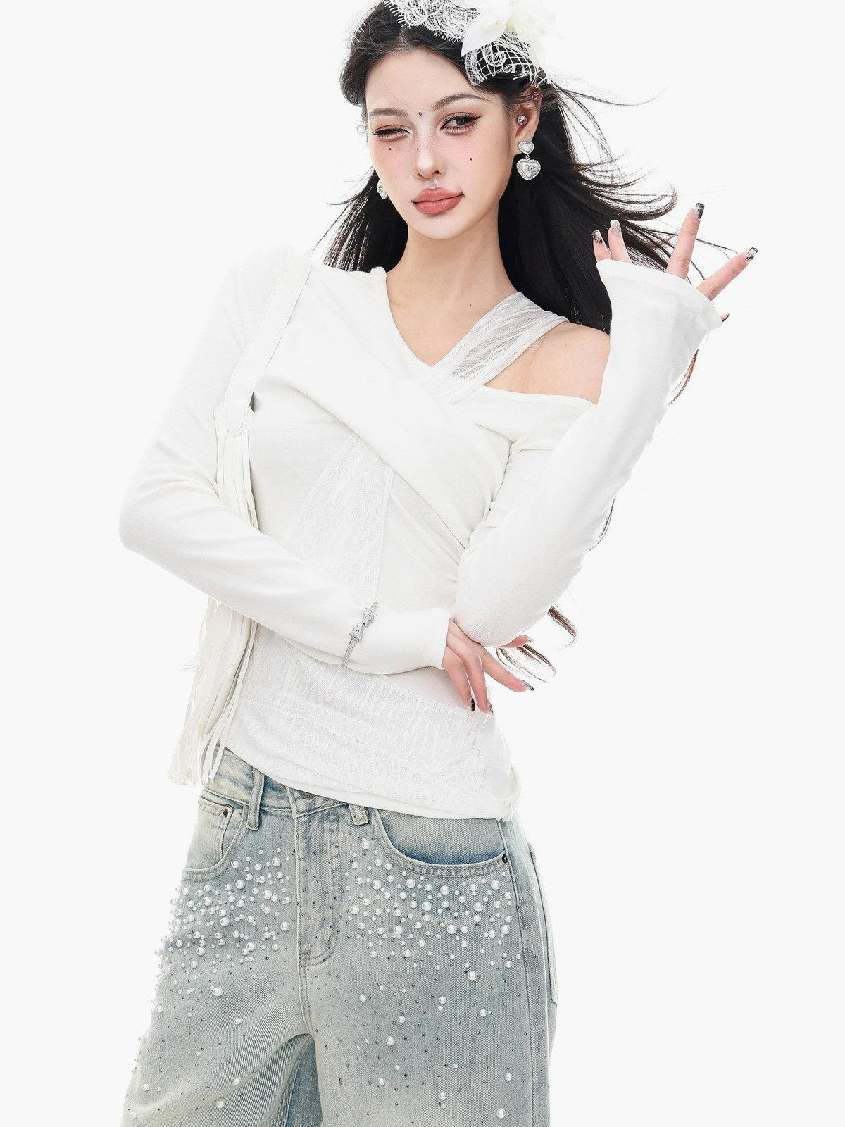 ABWLR White Halter Off Shoulder Faux Two Piece Slim Women'S Long Sleeve T-Shirts