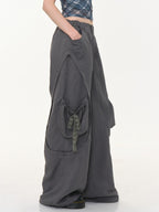 ZIZIFEI Gray High Waist Slimming Cargo Big Pocket Women'S Lyocell Blend Wide-Leg Pants