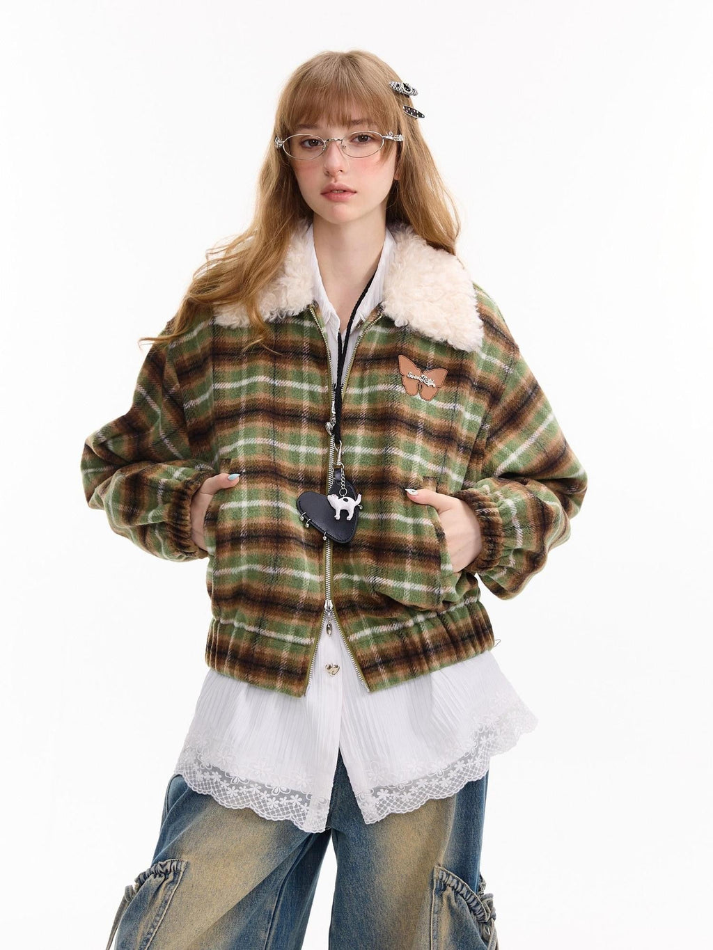 ZIZIFEI Green Plaid Fur Collar American Vintage Women'S Polyester Cotton Puffer Jackets