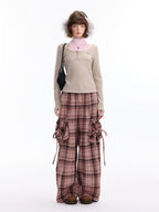 ZIZIFEI Pink Plaid High Waist Large Pocket Straight Women'S Polyester Wide-Leg Pants
