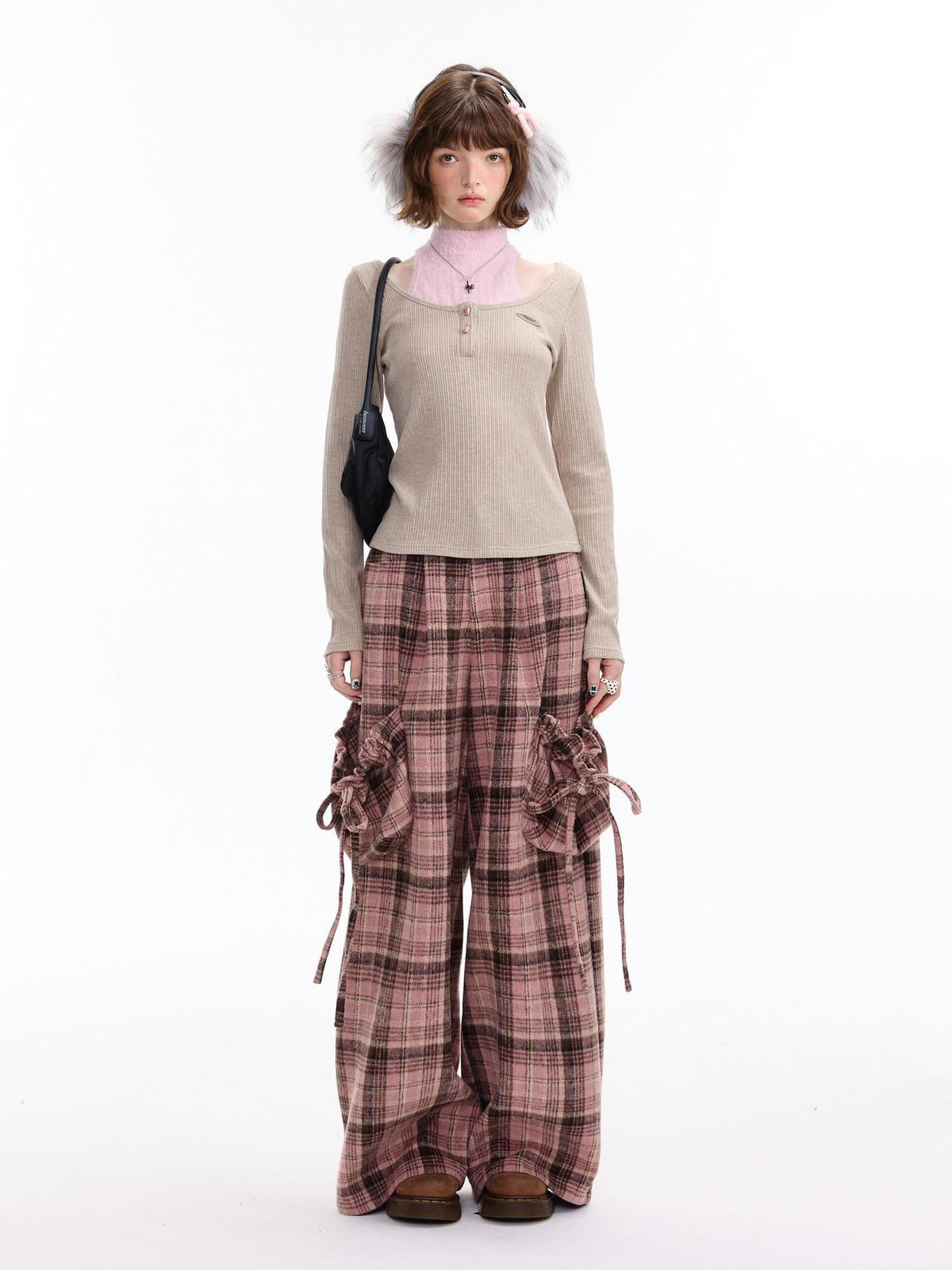 ZIZIFEI Pink Plaid High Waist Large Pocket Straight Women'S Polyester Wide-Leg Pants