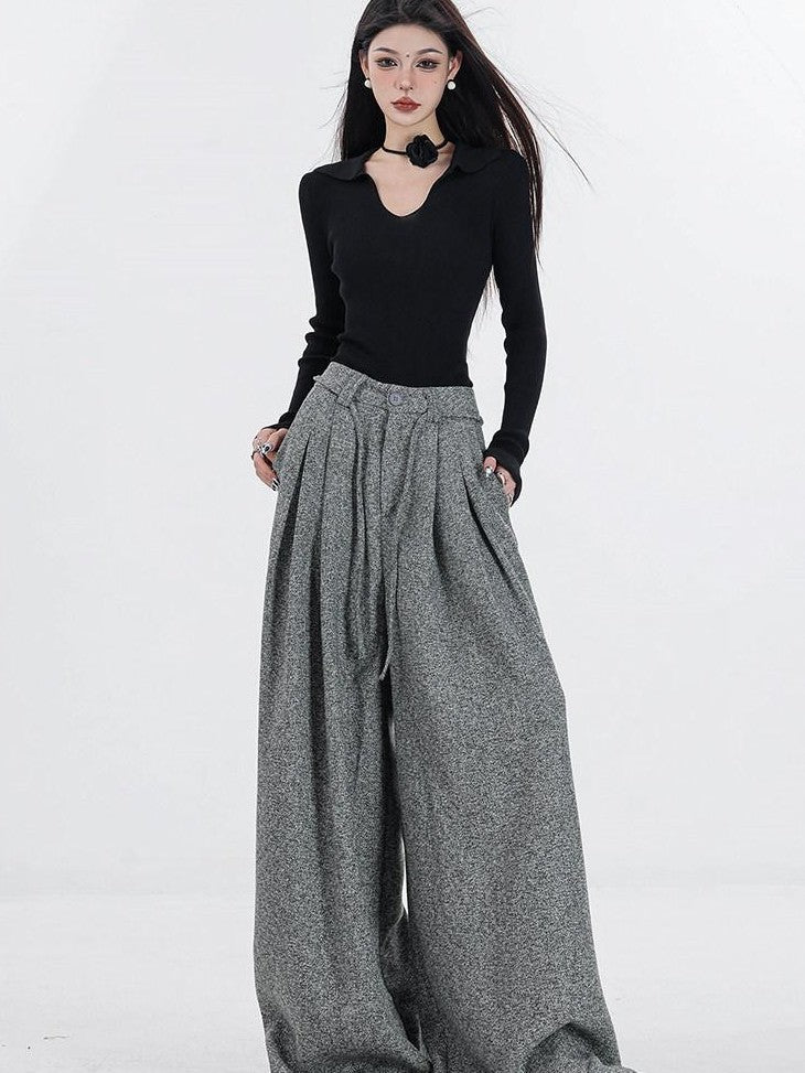 ABWLR Memory Fragment Asymmetric High Waist Pocket Women'S Woolen Wide-Leg Pants