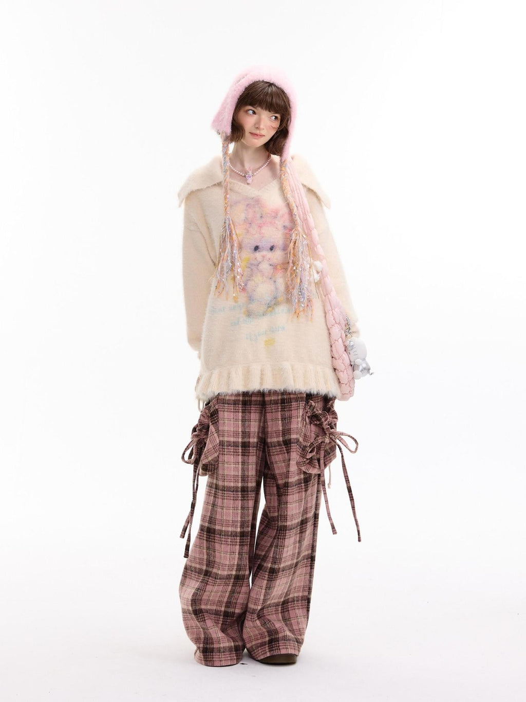 ZIZIFEI Pink Plaid High Waist Large Pocket Straight Women'S Polyester Wide-Leg Pants