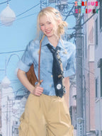 ZIZIFEI Mist Blue Ombre Plaid Waist Cinch Lapel Slim Women'S Short Sleeve T-Shirts
