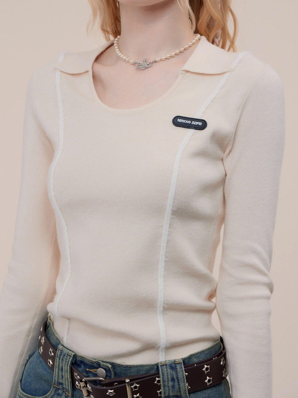 ZIZIFEI Vintage Patchwork Polo U Neck Women'S Viscose Knit Slim Fit Long Sleeve T-Shirts