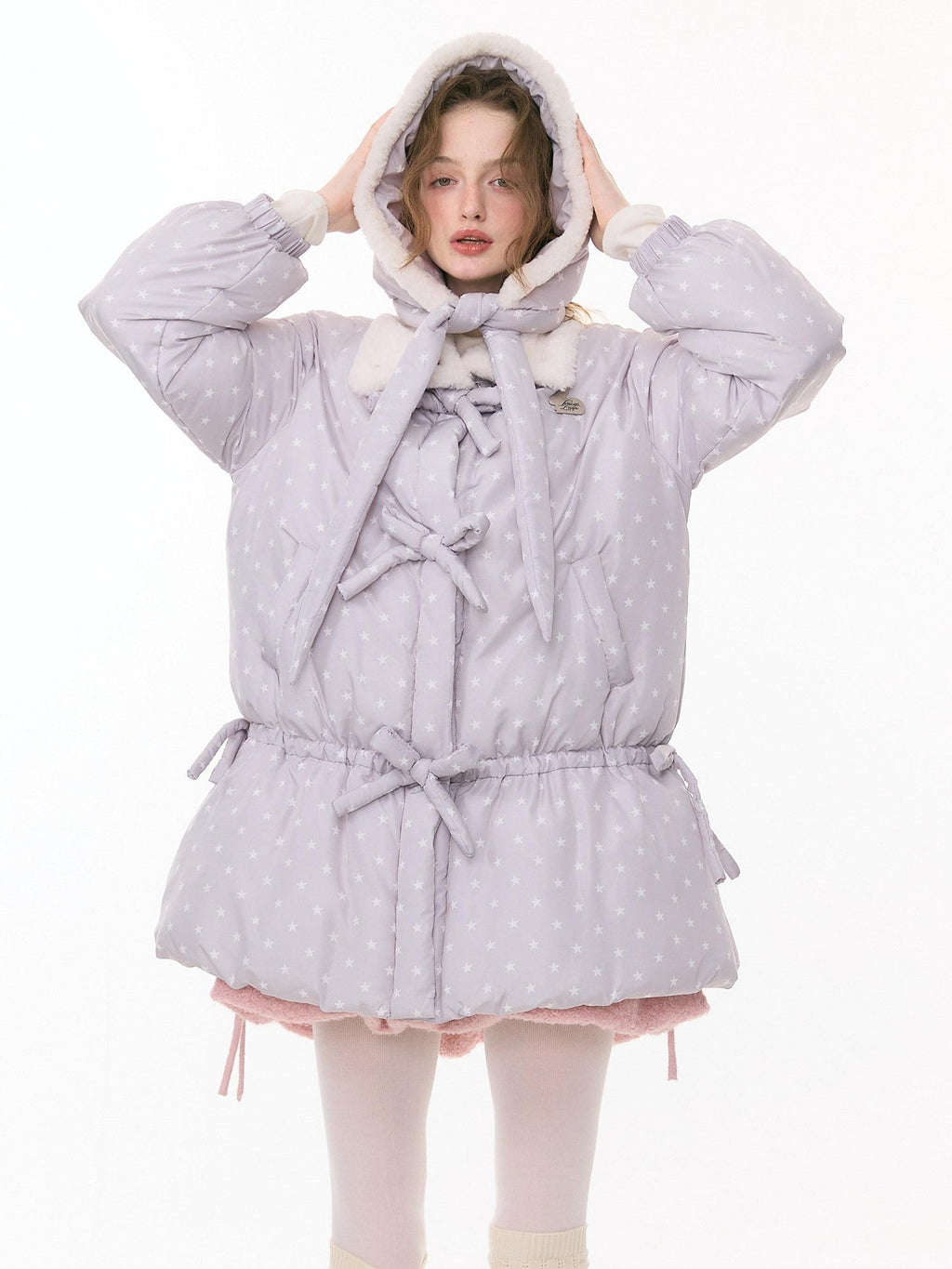 ZIZIFEI Light Gray Star Polka Dot Bow Single Breasted Women'S Cotton Puffer Jackets