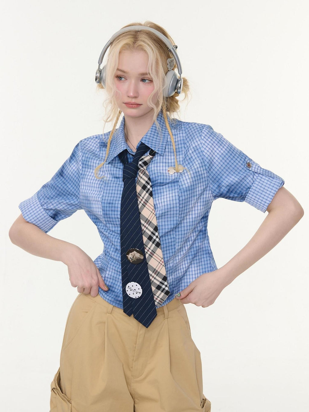 ZIZIFEI Mist Blue Ombre Plaid Waist Cinch Lapel Slim Women'S Short Sleeve T-Shirts