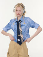 ZIZIFEI Mist Blue Ombre Plaid Waist Cinch Lapel Slim Women'S Short Sleeve T-Shirts