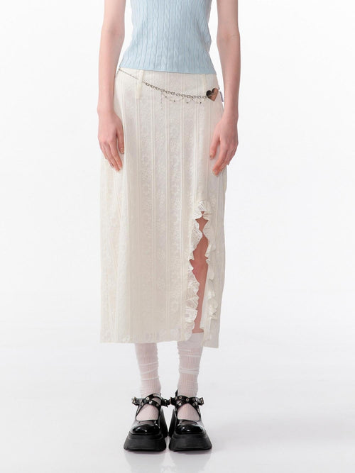 ZIZIFEI Apricot Ruffled High Waist Slit H Line Women'S Lace Midi Skirts
