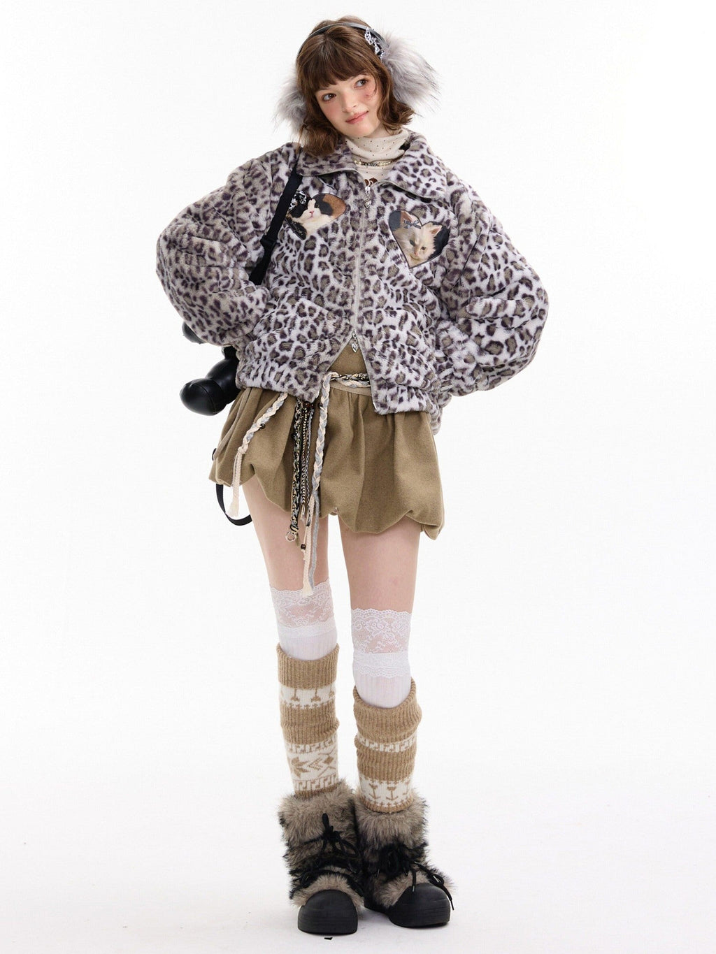 ZIZIFEI Cat Print Leopard Sherpa Oversized Vintage Women'S Polyester Puffer Jackets