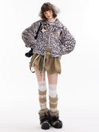 ZIZIFEI Cat Print Leopard Sherpa Oversized Vintage Women'S Polyester Puffer Jackets