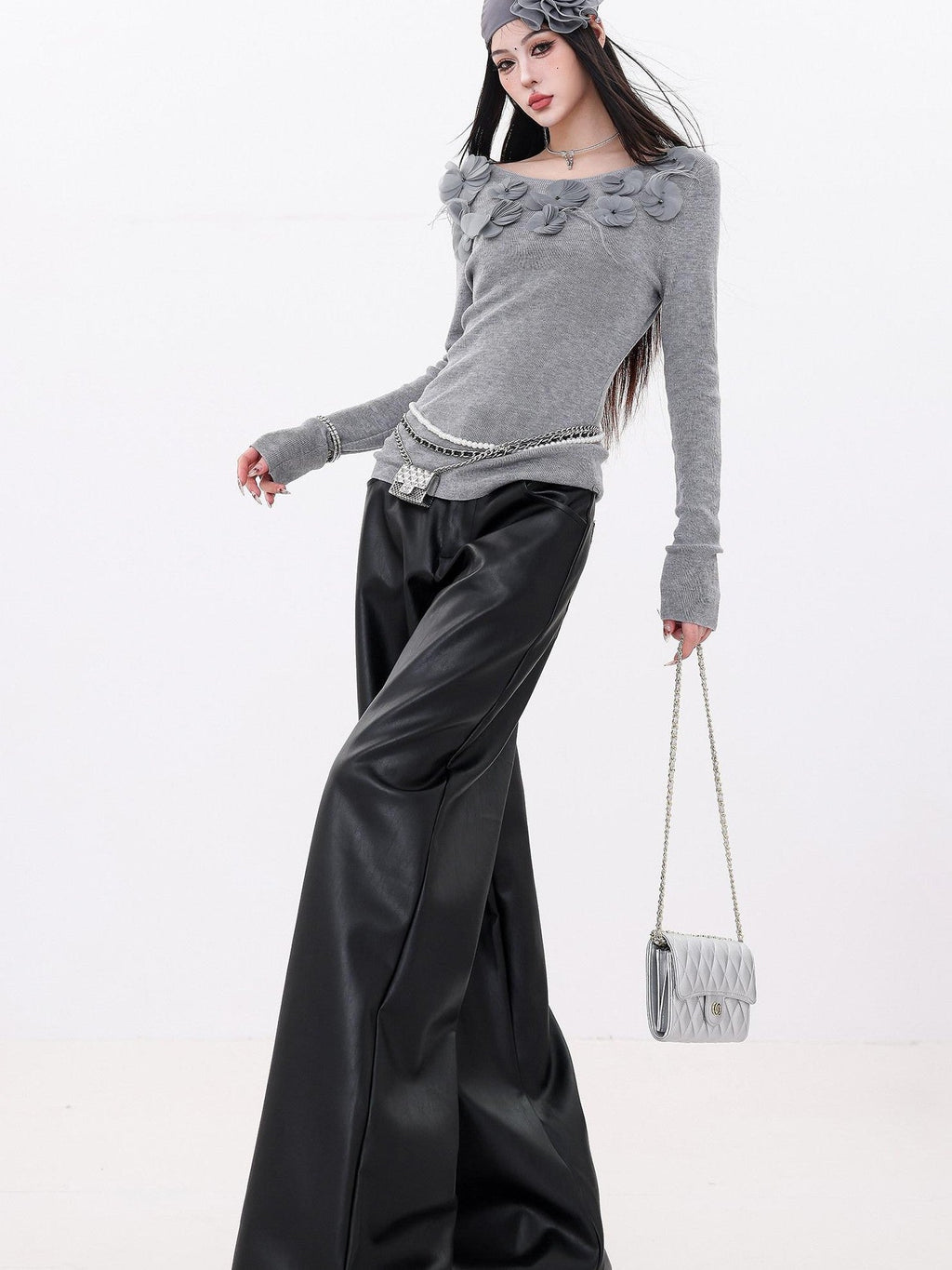 ABWLR Black Minimalist Loose Casual Women'S Matte Pu Wide-Leg Pants