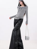 ABWLR Black Minimalist Loose Casual Women'S Matte Pu Wide-Leg Pants