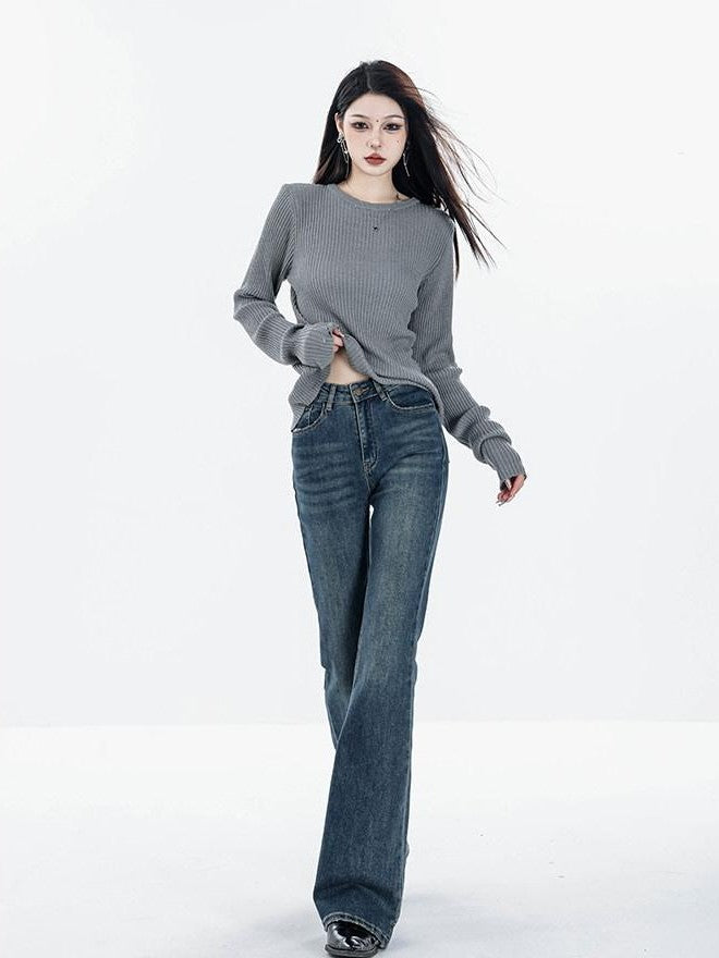 ABWLR Vintage High Waist Slim Fleece Lined Women'S Denim Flare Jeans